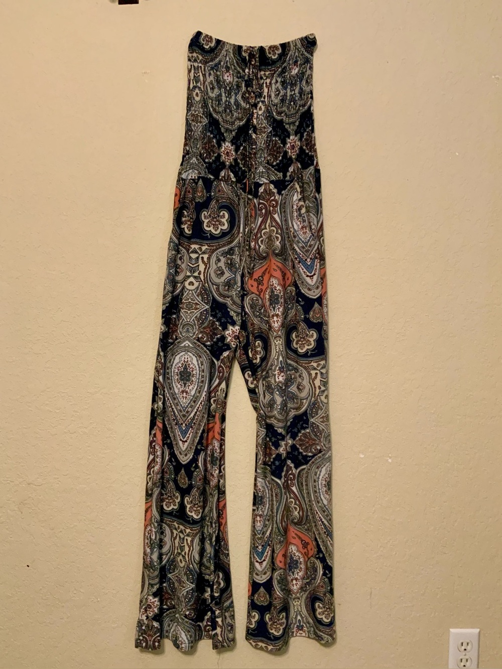 Strapless Paisley Palazzo Jumpsuit in navy and pink, size Medium
